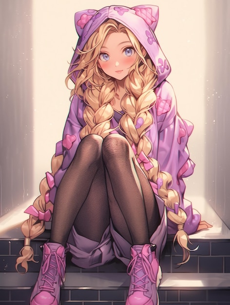 Premium AI Image  Rapunzel model anime style wearing intricate hooded  thigh highs Hot Babe cute