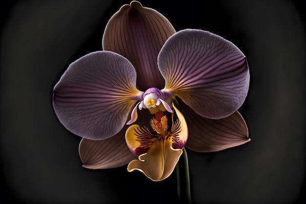 Rare blooming large purple velvet orchid of genus Big Lip phalaenopsis flowers isolated on dark black background Neural network generated art