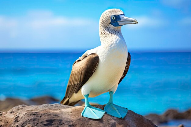 The rare bluefooted booby rests on the beach