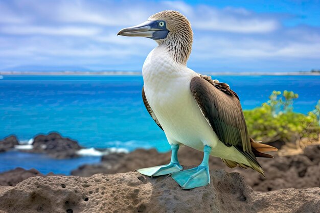 The rare bluefooted booby rests on the beach