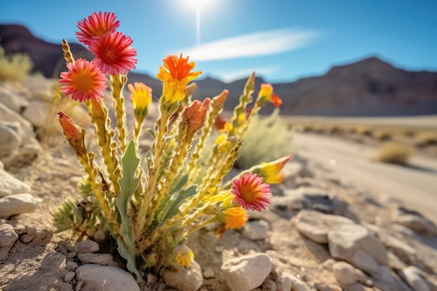 生成 AI で作成された、過酷な地形で繁栄する珍しい砂漠の花