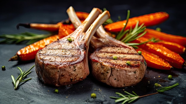 Rare lamb chops with roasted carrots on a chic marble background