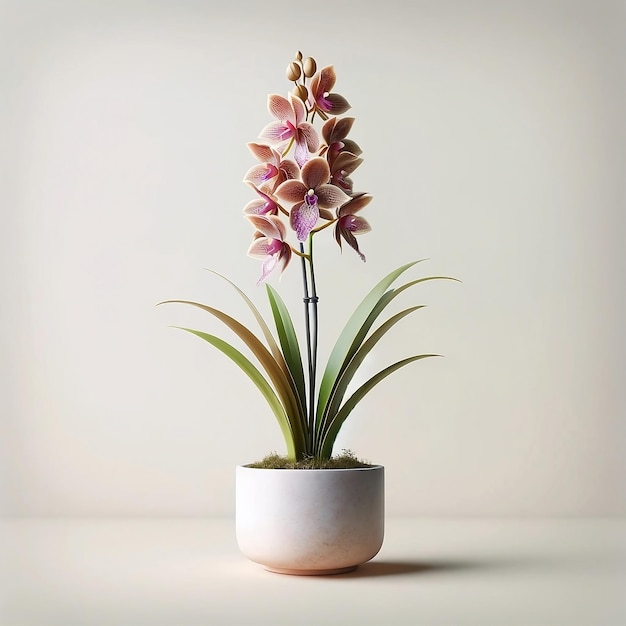 Rare orchid pink green foliage in a white ceramic pot minimalist design clean white background