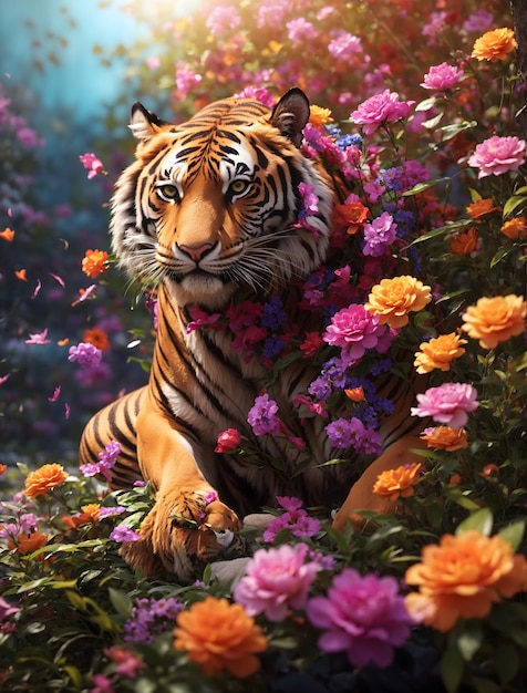 아름다운 꽃 을 가진 희귀 한 호랑이 가 거실 풍경 에 귀여워 보인다