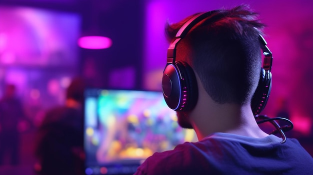 Photo rare view of a pro gamer in headphones live streaming while playing online computer game neon lights