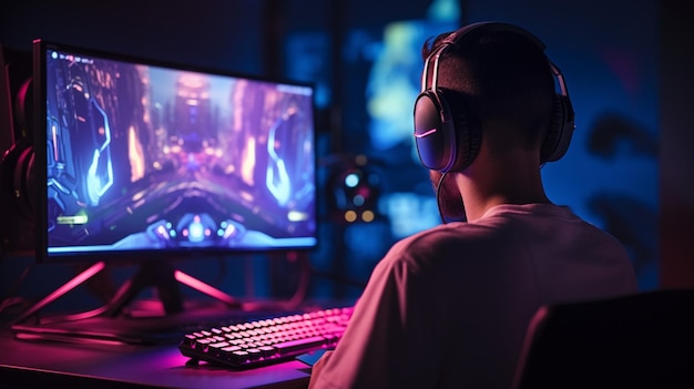 Rare view of a pro gamer in headphones live streaming while playing online computer game neon lights