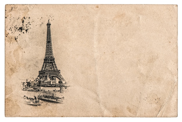 rare vintage postcard with eiffel tower in paris, france, ca. 1894. aged grungy paper. retro style toned picture