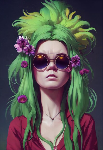 Rare woman sunglasses green hair