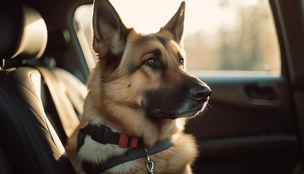 Rasechte Duitse herder die buiten in de auto zit, gegenereerd door AI