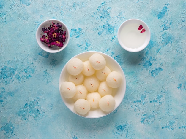 Rasgulla Bengali indian sweet dish. Top view