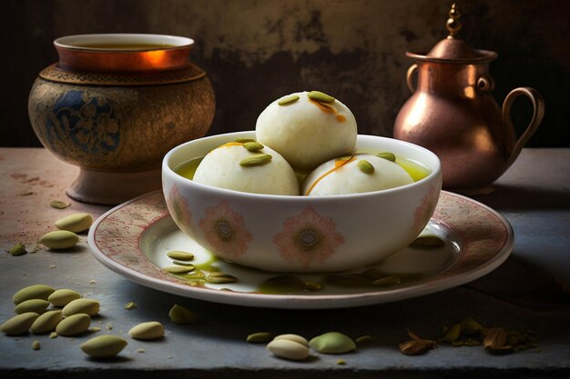 Rasgulla is a one of famous Indian sweet made by Pure Cow milk This sweet is served chilled and has softspongy texure with the divine aroma of cardamom and Saffron