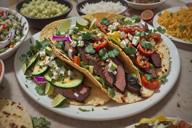 素朴な木製プレートのタコスで急いで作ったメキシカン ビーフ ブリトー牛肉肉コーンとサルサのメキシコ タコス メキシコ料理