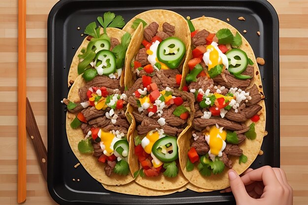 Rashly made Mexican beef burrito on rustic wooden plate taco Mexican tacos with beef meat corn and salsa Mexican cuisine