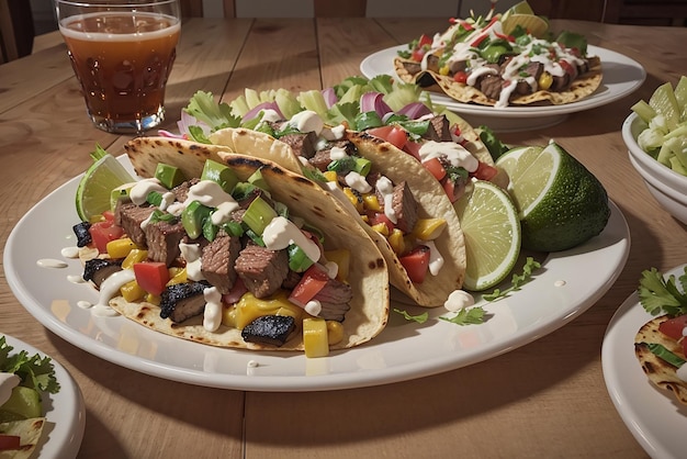 メキシコの牛肉のバリトを田舎の木製の皿で作る メキシコのタコ メキシコのタコ 牛肉のトウモロコシとサルサ メキシコ料理