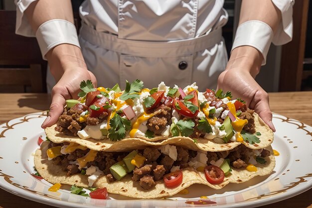 メキシコの牛肉のバリトを田舎の木製の皿で作る メキシコのタコ メキシコのタコ 牛肉のトウモロコシとサルサ メキシコ料理