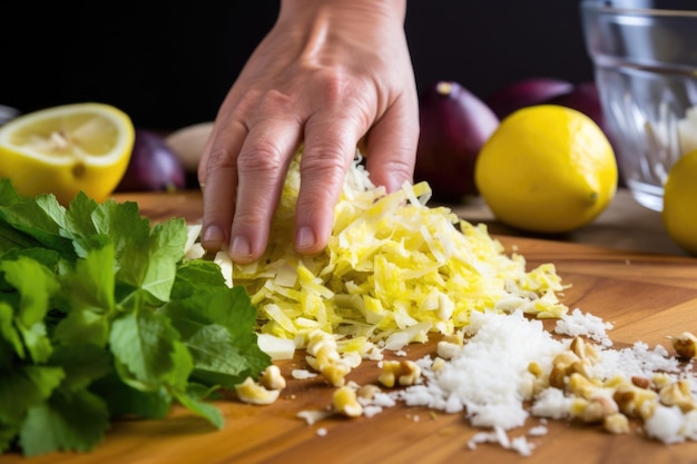 Rasp de schil van de citroen met de hand over de salade van vijgen en walnoten