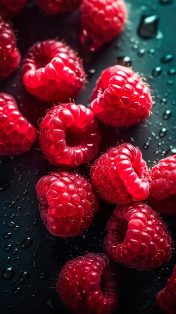 Photo raspberries on a black background with water droplets