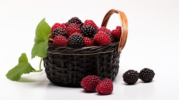 Photo raspberries and blackberries in white background