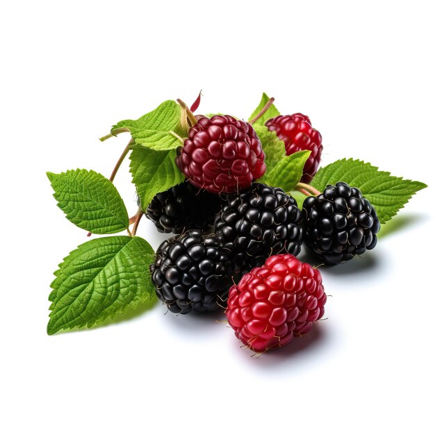 Photo raspberries and blackberries in white background