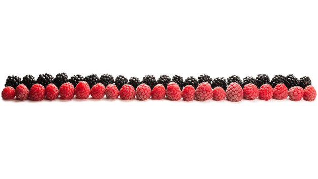 Raspberries and blackberry in a row isolated on white