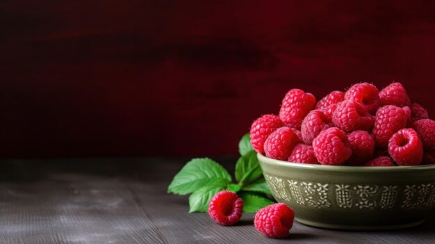 Raspberries in a bowl on a small wooden