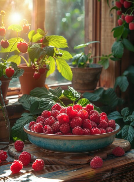 Raspberries in bowl on wooden table in the rays of the sun