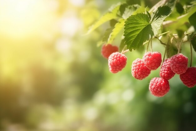 Raspberries on a branch with the sun shining on them