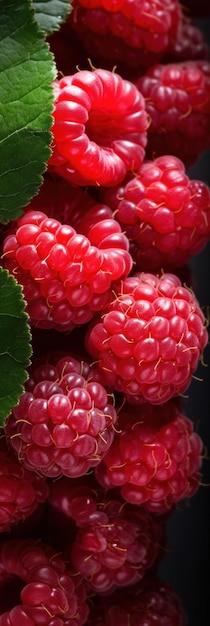 Raspberries closeup macro shoot vertical banner with red berries