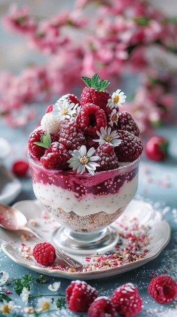 Photo raspberries and cream dessert with flowers