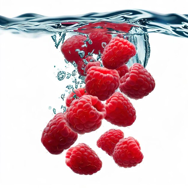 Raspberries falling into water on a white background