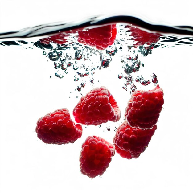 Raspberries falling into water on a white background