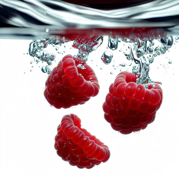 Raspberries falling into water on a white background