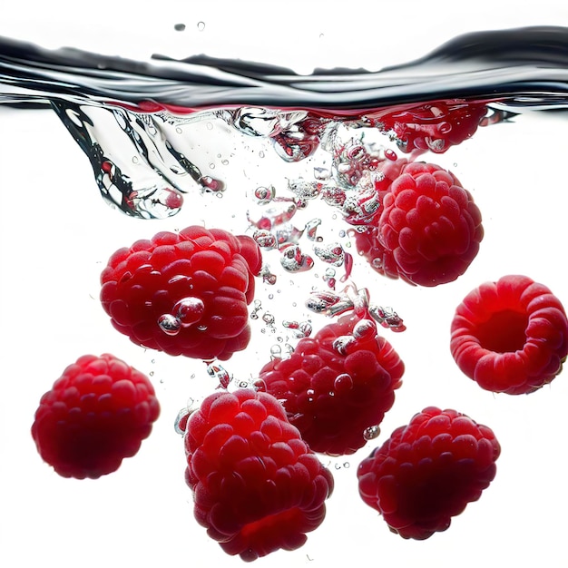 Raspberries falling into water on a white background