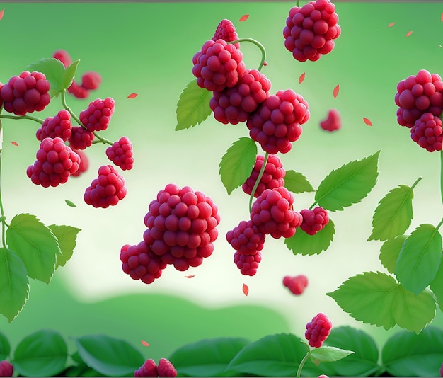 Raspberries flying isolated on background picking falling raspberries with leaves daylight