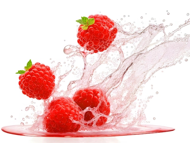 Raspberries in sap en water splash geïsoleerd op een witte achtergrond