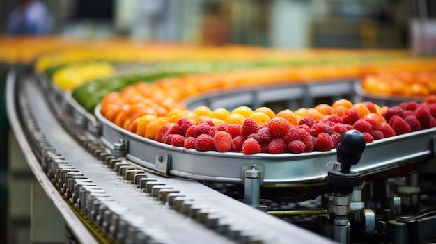 Photo raspberries and kiwi on conveyor belt in factory