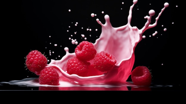 Raspberries Milk Splash on Black Background