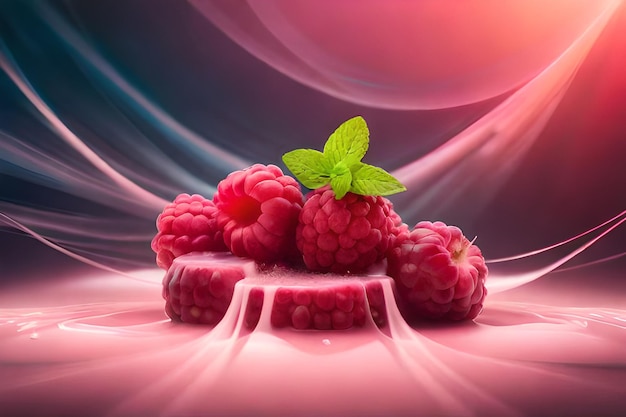 Raspberries on a pink background with a green leaf