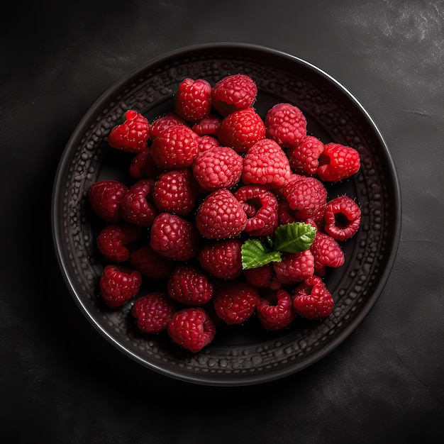 Raspberries in a plate on a dark background Top view Generative AI