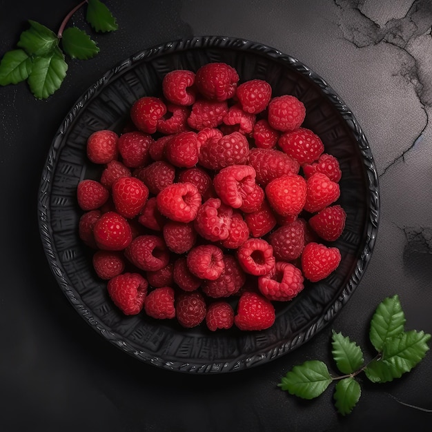 Raspberries in a plate on a dark background Top view Generative AI