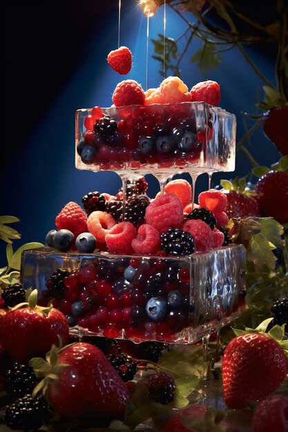 Raspberries and raspberries are displayed in a glass container