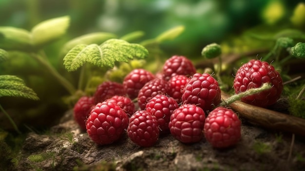 Raspberries on the soil Organic farming sweet berry Garden growing raspberry fruit Generative AI