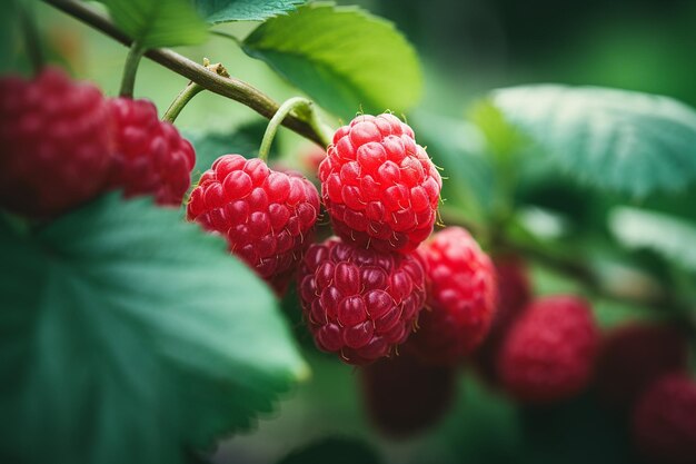 Raspberries on a vine with shallow depth of field