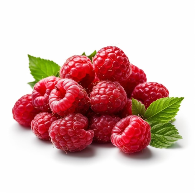 Raspberries with green leaves on a white background