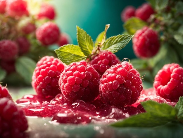 raspberries with leaves on a plate