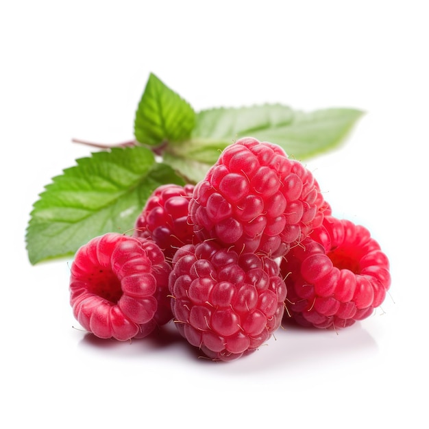 Photo raspberries with leaves on a white background