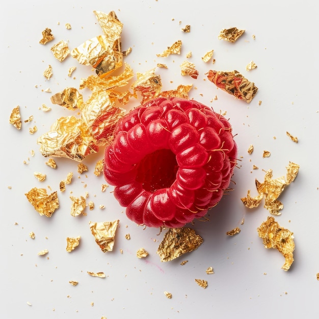 raspberries with pieces of gold foil on a white background