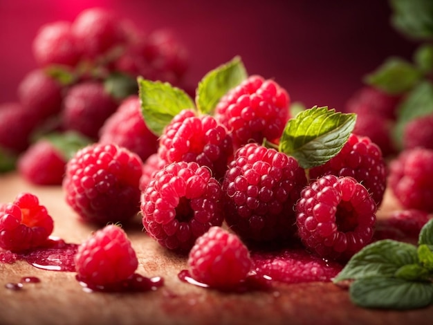raspberries on a wooden board with leaves and leaves.