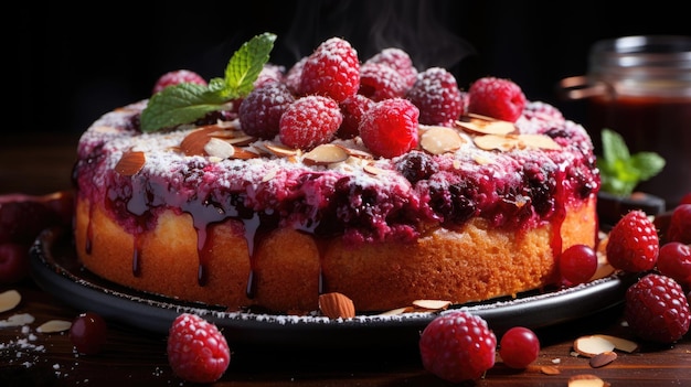 raspberry almond cake professional photography Generative Ai