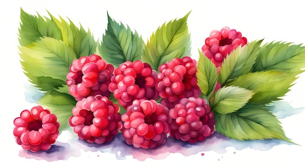 Raspberry bessen met groene bladeren waterverf
